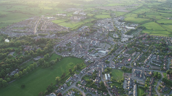 Aerial view of town in North Wales